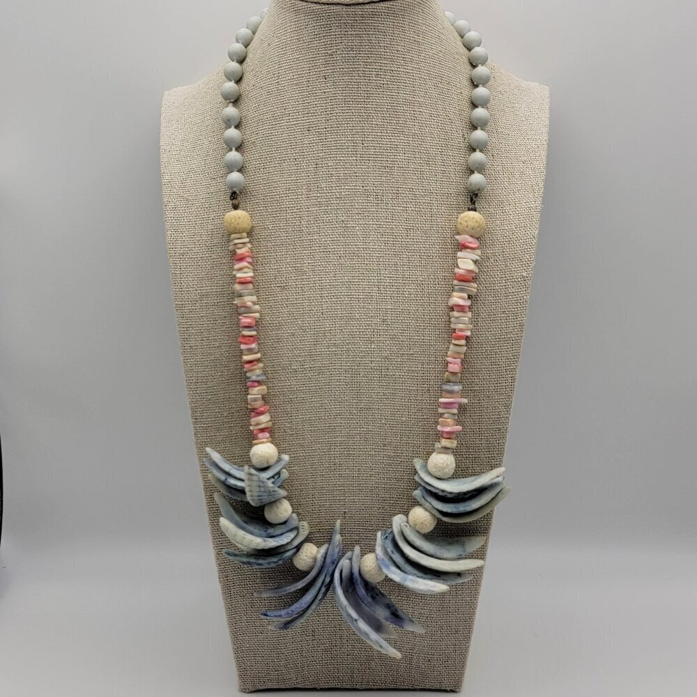 Vintage Shell And Stone Beaded Necklace 23 Inch Multicolor Multi Shell Sealife